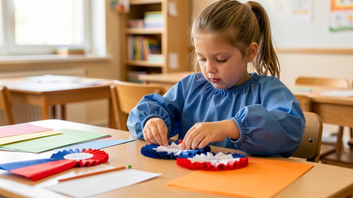 Une jeune fille réalise un atelier créatif sur le thème du 14 juillet avec un petit drapeau tricolore, une cocarde artisanale et des éléments bleu blanc rouge dans une salle de classe.
