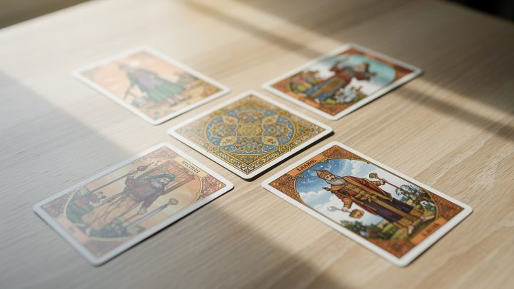 Jeu de tarot persan étalé sur une table claire, avec sept cartes disposées en éventail pour un tirage de débutant.