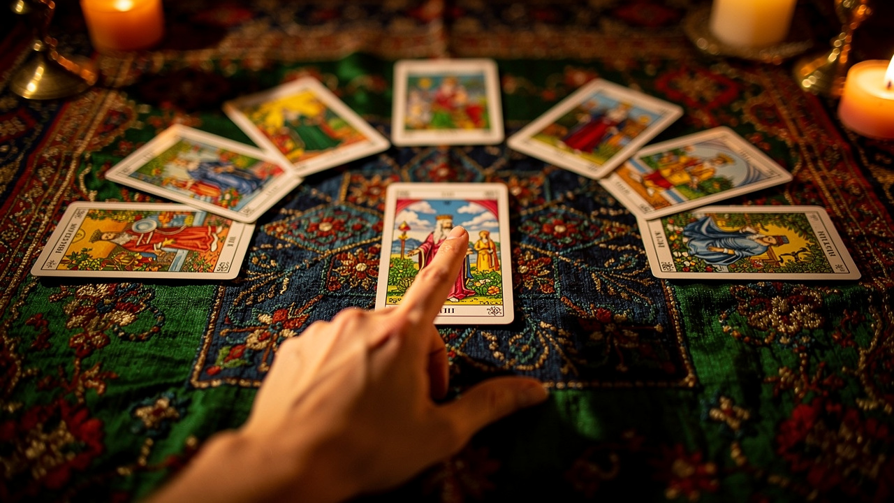 Lecture de tarot persan : vue rapprochée de la carte centrale, symboles colorés sur une table aux motifs, ambiance chaleureuse avec éclairage doux et prises de notes.