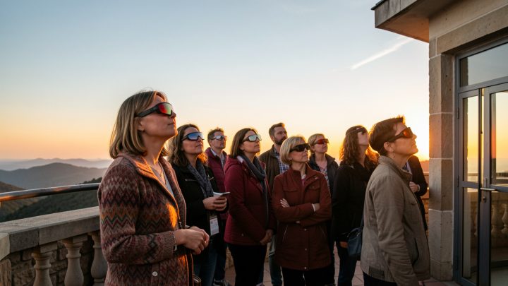 Des visiteurs et des visiteuses portant des lunettes d’éclipse observent le ciel clair depuis la terrasse d’un observatoire culturel au coucher du soleil.