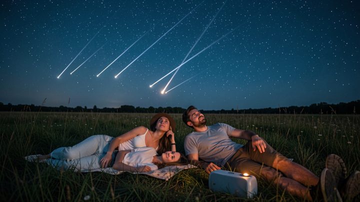 Deux femmes et deux hommes allongés dans un champ sombre observent des étoiles filantes sous un ciel d’été, près d’une petite enceinte discrète.