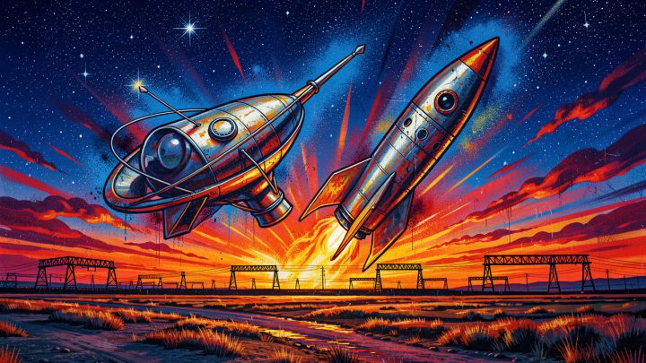 Fresque hip-hop monumentale représentant un satellite inspiré de Spoutnik et une fusée de style Vostok au-dessus de la steppe kazakhe, avec des rails à l’horizon et un ciel étoilé aux couleurs vives.