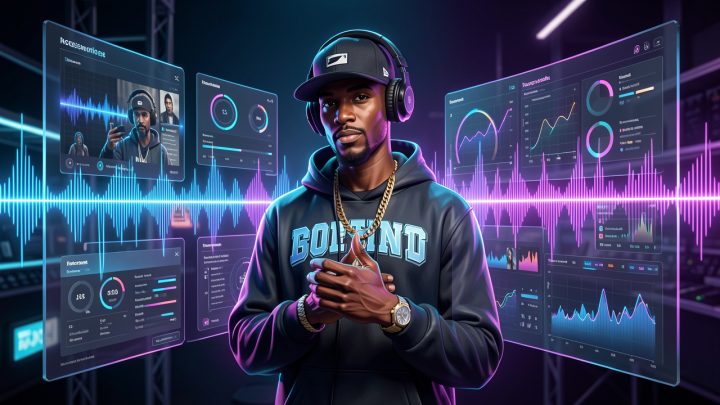 Illustration réaliste d’une plateforme de streaming présentant l’avatar d’un artiste hip-hop virtuel, entouré d’ondes sonores lumineuses et d’éléments d’interface d’enquête numérique aux couleurs bleues et violettes.