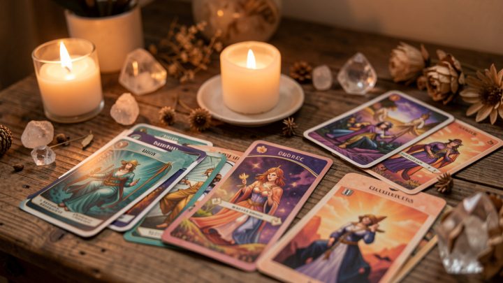 Table en bois présentant plusieurs jeux de cartes divinatoires colorés, une bougie douce et des éléments décoratifs dans une ambiance artistique chaleureuse.