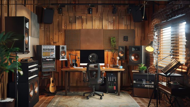 Microphone installé dans une pièce traitée avec des panneaux acoustiques pour enregistrer un son propre
