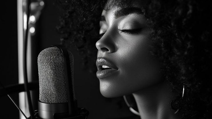 Chanteuse debout devant un microphone, concentrée pendant un exercice vocal.