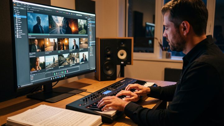 Un homme compositeur travaille dans un home studio contemporain avec un clavier maître, des partitions vierges et un écran affichant un montage cinématographique abstrait, dans une ambiance réaliste aux tons bleus et ambrés.
