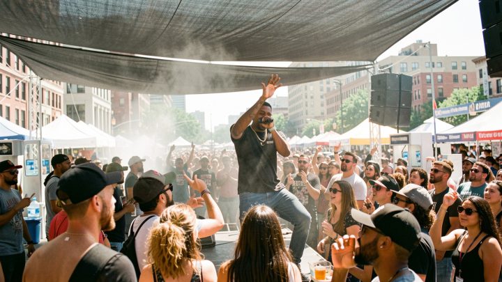 Festival de hip-hop en plein air pendant une canicule, avec un rappeur sur une scène ombragée, des points d’eau et un public composé d’hommes et de femmes.