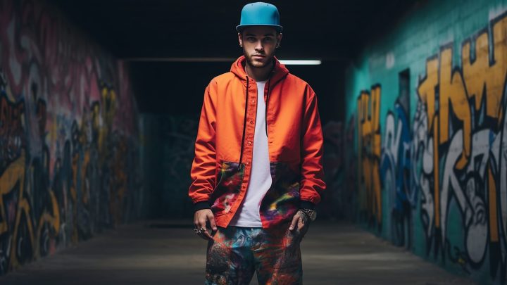 Modèle portant une tenue streetwear inspirée du hip-hop dans une rue urbaine.