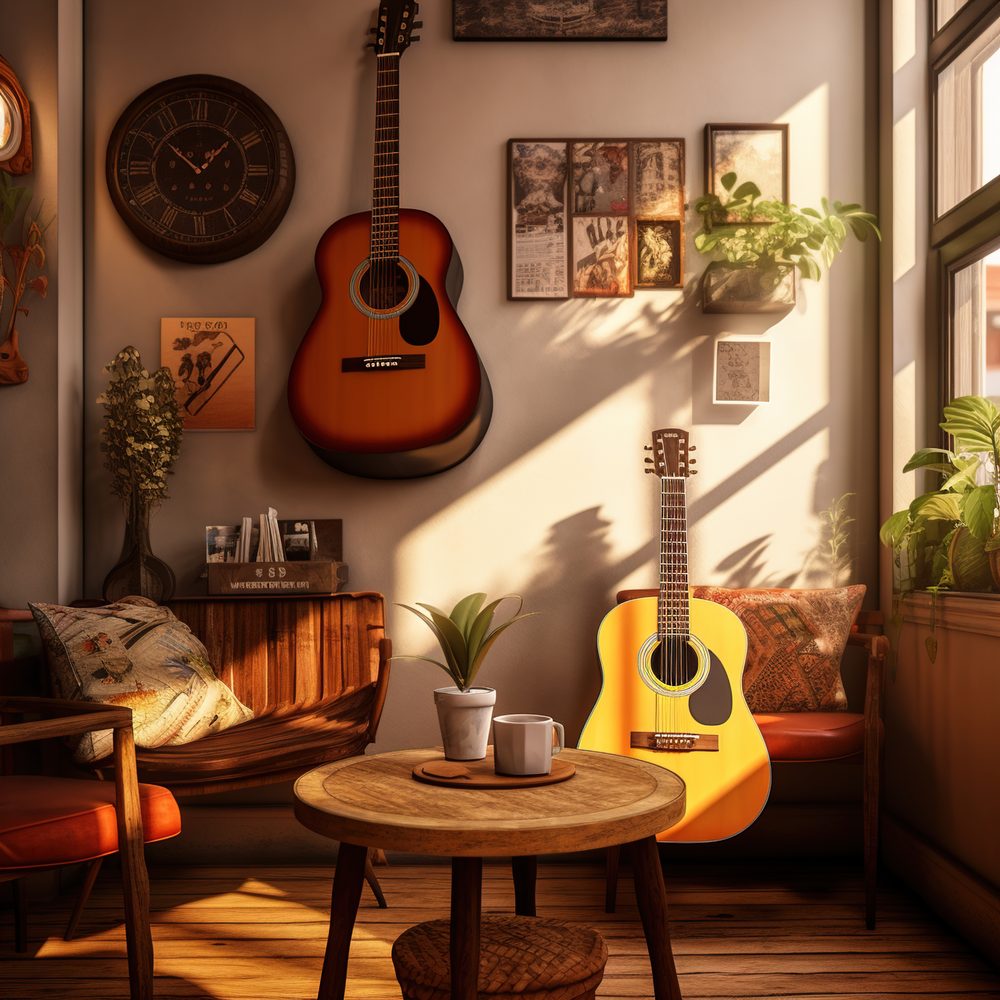 Petit studio d’enregistrement installé dans une chambre confortable, avec matériel audio et espace de repos préservé.