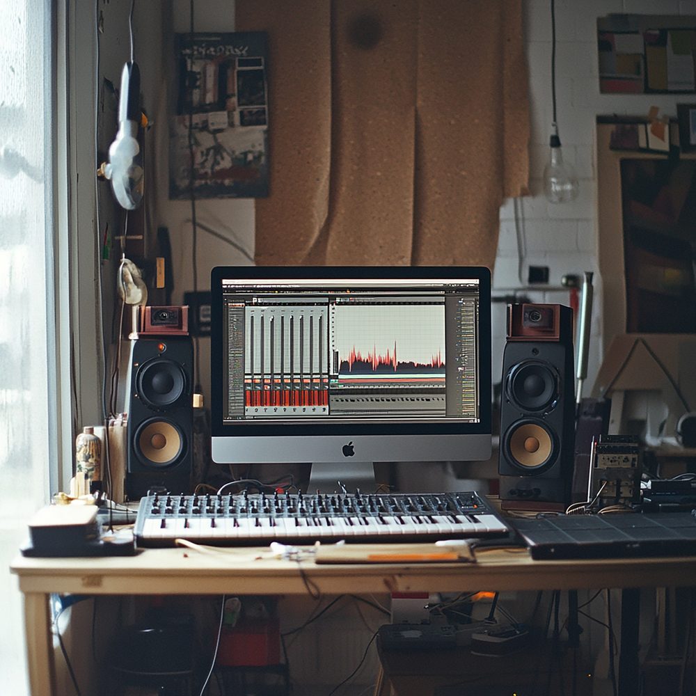 Bureau équipé d’un ordinateur, d’une interface audio, d’un microphone et d’un casque pour produire de la musique à domicile.