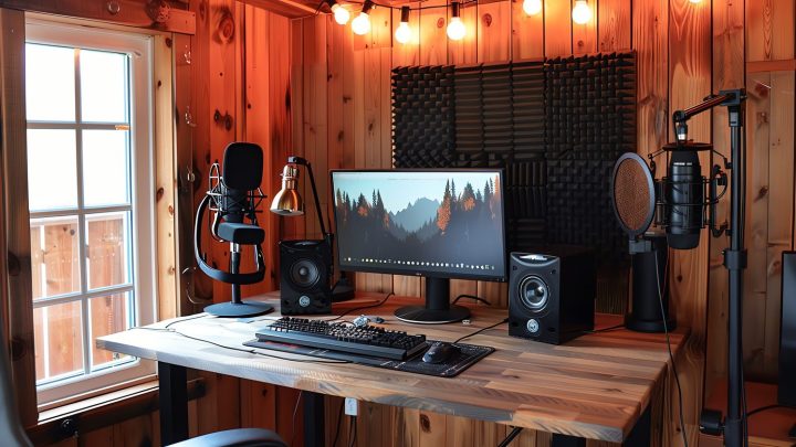 Un musicien enregistre une piste audio devant un ordinateur, un clavier MIDI et des enceintes de monitoring dans un home studio.