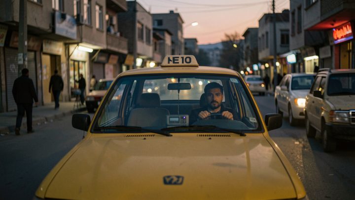 Un taxi jaune circule dans une rue de Kaboul au crépuscule, conduit par un chauffeur afghan attentif, avec un autoradio discret visible sur le tableau de bord.