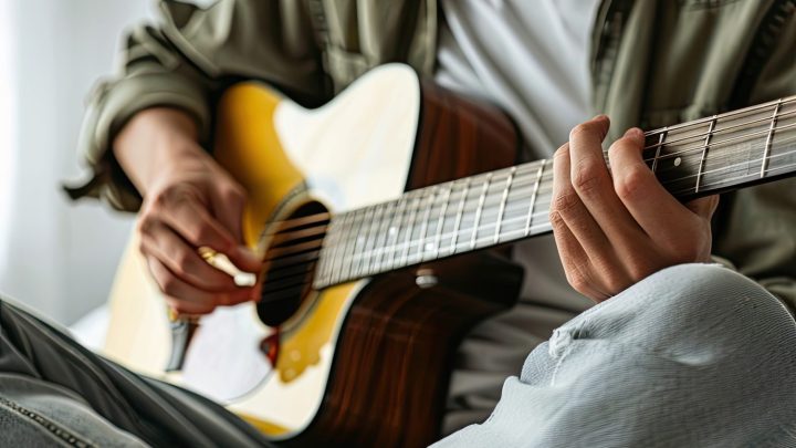 Débutant jouant de la guitare seul chez lui avec une méthode d’apprentissage.