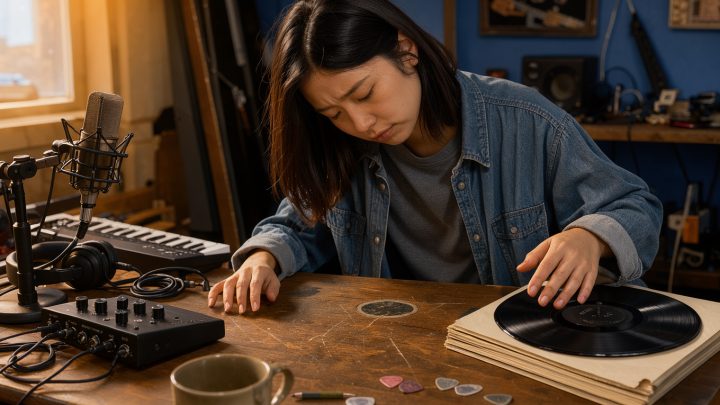 Une jeune artiste musicale indépendante choisit entre du matériel d’enregistrement et des vinyles vierges dans un studio chaleureux.