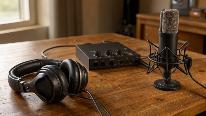 Casque audio de studio posé à côté d’une interface audio et d’un microphone dans un espace d’enregistrement à domicile.
