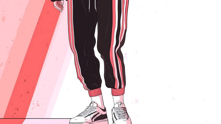 Personne portant une tenue streetwear avec des baskets tendance.
