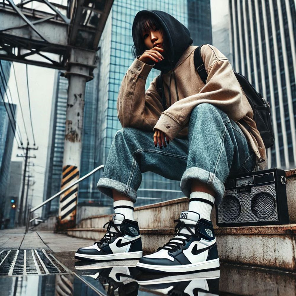 Baskets urbaines associées à un pantalon cargo et un sweat oversize.