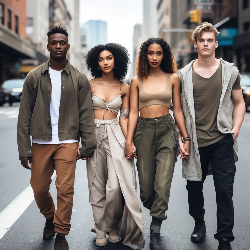 Jeunes adultes échangent des conseils de style autour de vêtements streetwear variés.