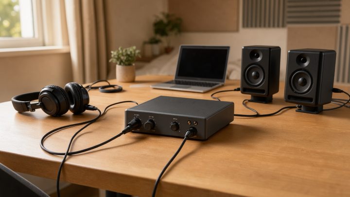 Interface audio compacte reliée à un microphone, un casque et des enceintes de monitoring sur un bureau en bois dans un premier home studio.