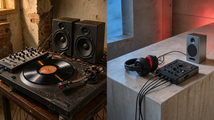 Deux espaces d’écoute hip-hop contrastés, l’un aux tons chauds évoquant le rap américain et l’autre aux lumières bleues et rouges évoquant le rap français.