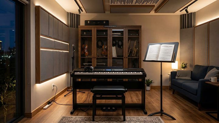 Petit studio de musique à domicile équipé de panneaux acoustiques sur les murs et d’un microphone.