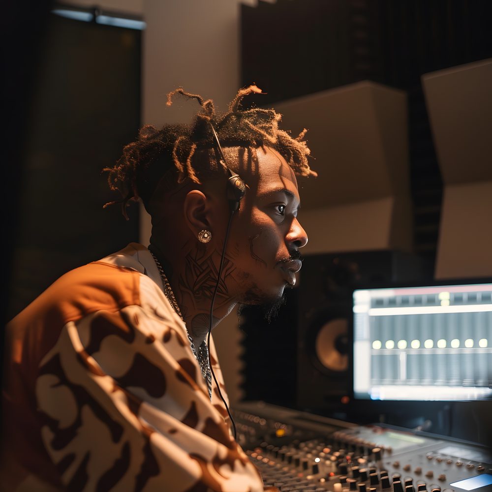 Artiste hip-hop au casque, debout face à un micro à condensateur dans un studio d’enregistrement.
