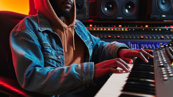 Un rappeur enregistre son flow devant un microphone de studio dans une cabine insonorisée.