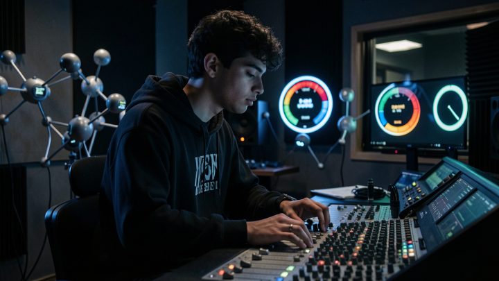 Un jeune artiste rap travaille sur une console de mixage dans un studio sombre, entouré de formes abstraites évoquant des écoutes automatisées et des compteurs audio lumineux.