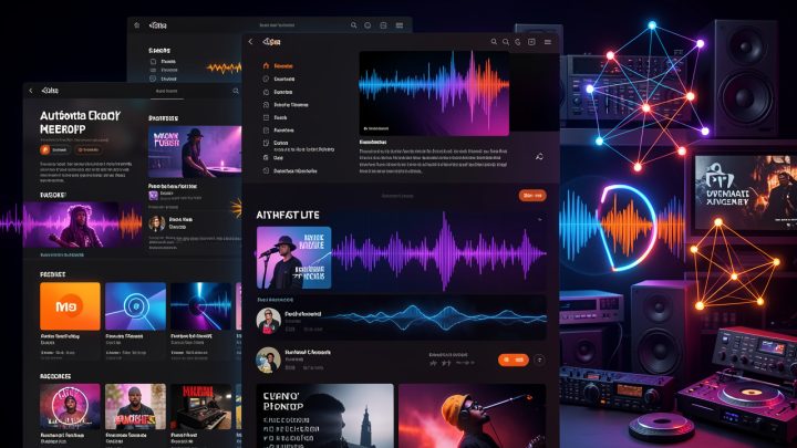 Illustration éditoriale sombre représentant des plateformes musicales abstraites, des ondes sonores numériques lumineuses et un réseau de comptes automatisés dans une ambiance hip-hop moderne.