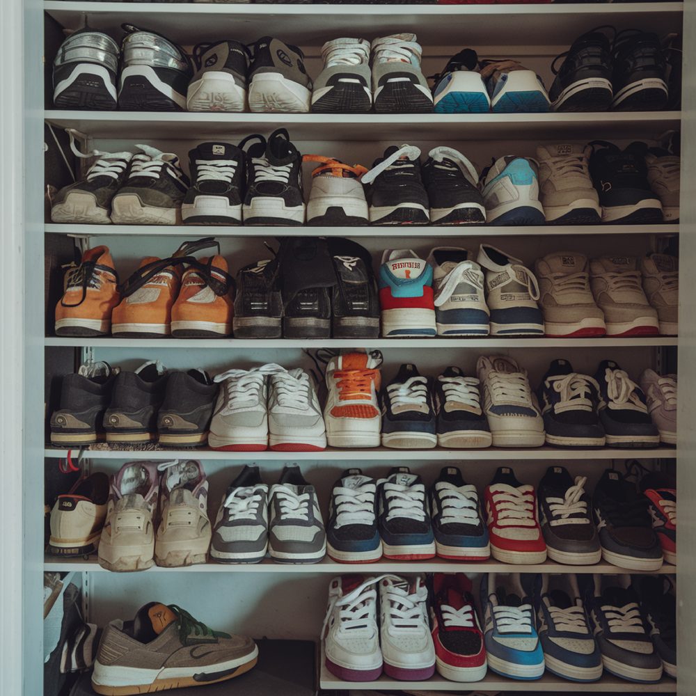 Collection de baskets exposées dans une vitrine par un passionné.