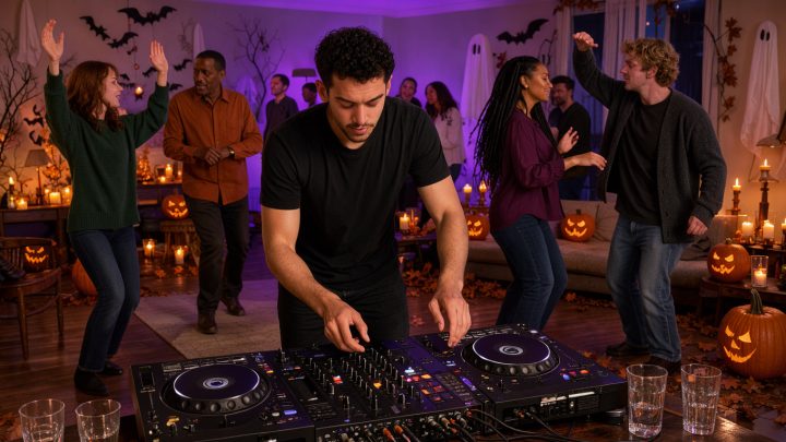 Une soirée d’Halloween dans un salon décoré, avec un jeune homme aux commandes d’une console et des invités dansant sous des lumières violettes et orange.